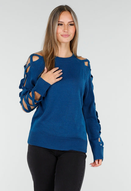 OP=OP.AV.10 Petrol Trui met Opengewerkte Mouwen