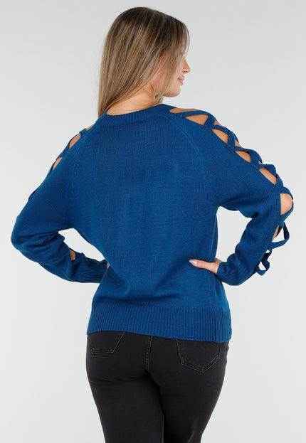 OP=OP.AV.10 Petrol Trui met Opengewerkte Mouwen