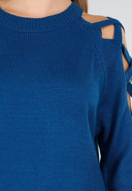 OP=OP.AV.10 Petrol Trui met Opengewerkte Mouwen