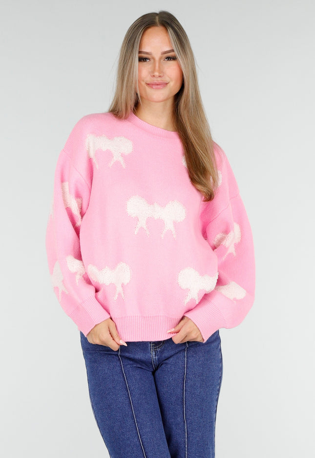 OP=OP.AV.10 Roze Trui met Witte Strikpatronen