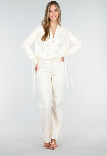 OP=OP.AV.10 Vest met Kabelpatroon en Lange Mouwen Crème