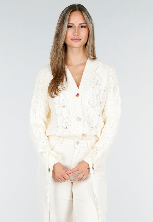 OP=OP.AV.10 Vest met Kabelpatroon en Lange Mouwen Crème