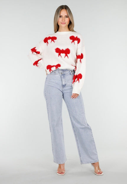 OP=OP.AV.10 Witte Trui met Rode Strikpatronen