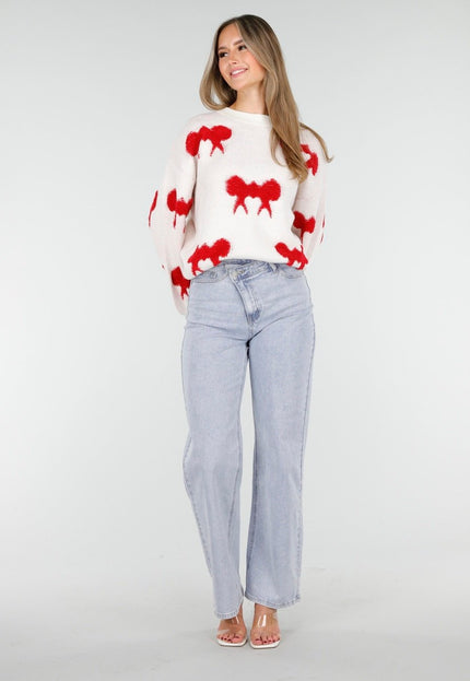 OP=OP.AV.10 Witte Trui met Rode Strikpatronen