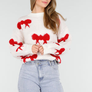 OP=OP.AV.10 Witte Trui met Rode Strikpatronen