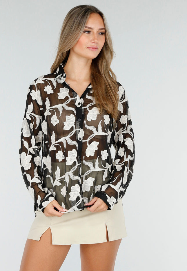 OP=OP.AV.10 Zwarte Bloemen Blouse Dames