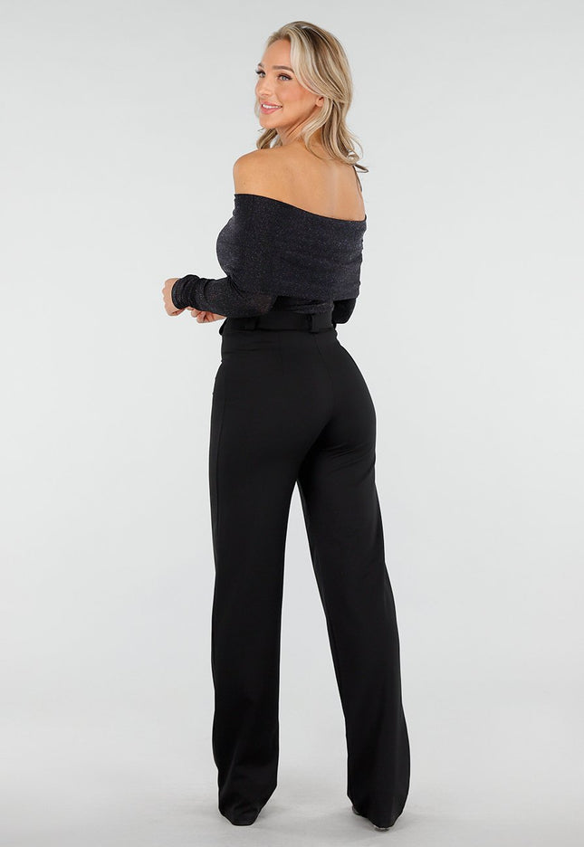OP=OP.AV.12 Zwarte Stretch Off Shoulder Glitter Top