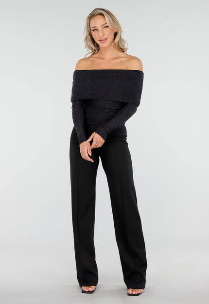 OP=OP.AV.12 Zwarte Stretch Off Shoulder Glitter Top