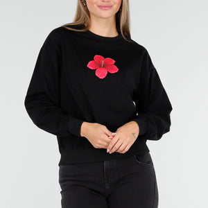 OP=OP.AV.10 Zwarte Sweater met Roze Hibiscus