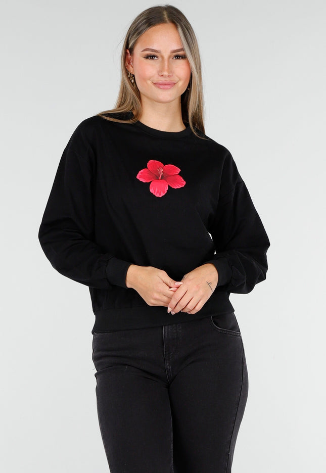 OP=OP.AV.10 Zwarte Sweater met Roze Hibiscus