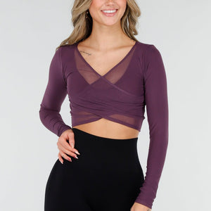 NEW171225 Paarse Stretch Mesh Wrap Top
