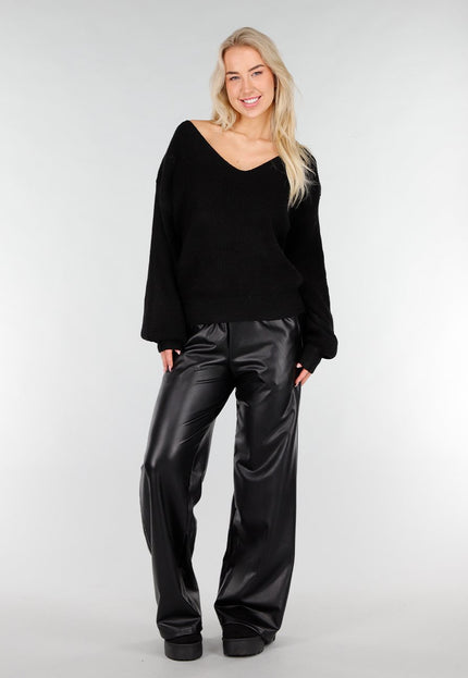 OP=OP.03.NL Zwarte Ribgebreide Trui met V-Hals