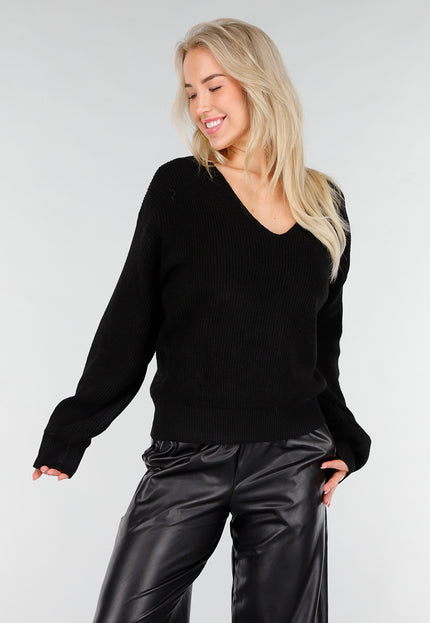 OP=OP.03.NL Zwarte Ribgebreide Trui met V-Hals