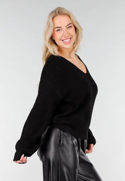 OP=OP.03.NL Zwarte Ribgebreide Trui met V-Hals