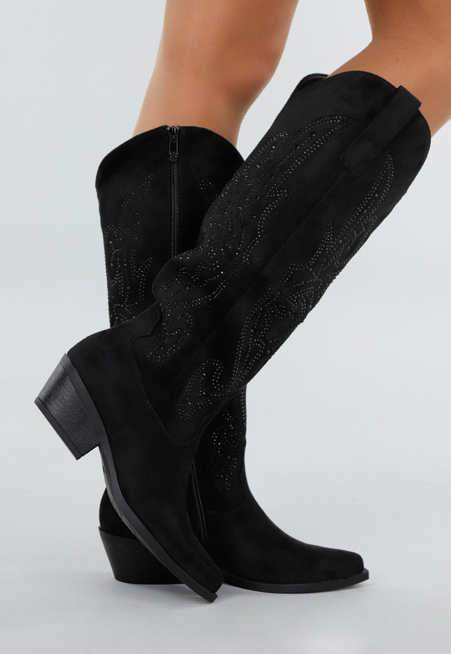 NEW171225 Zwarte Suède Glitter Cowboylaarzen