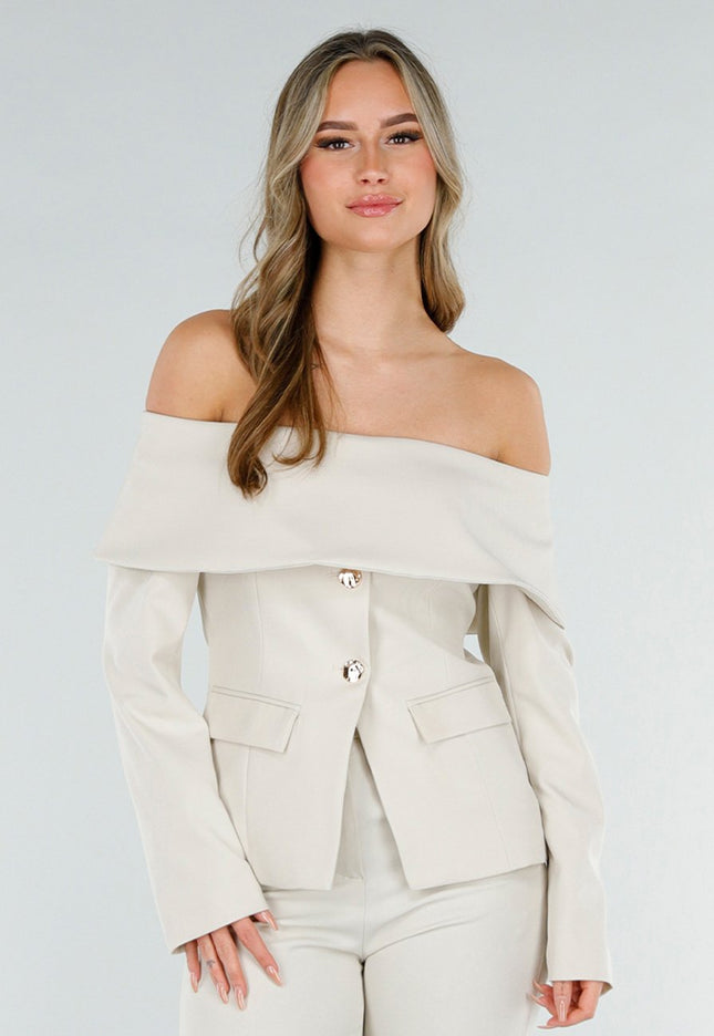 NEW180226 Beige Off Shoulder Blazer