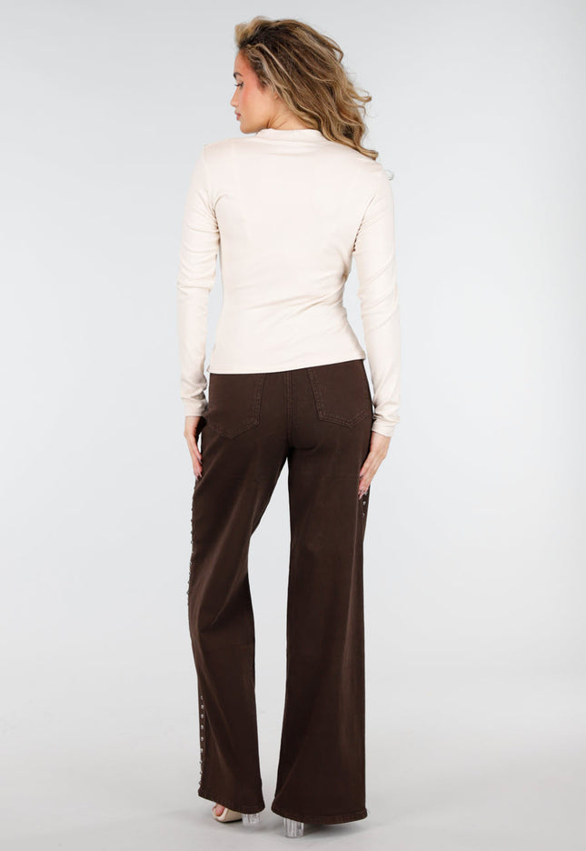 NEW180226 Beige Overslag Top met Lange Mouwen