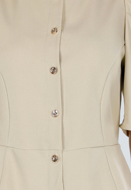 NEW180226 Beige Top met Pofmouwen en Knopen