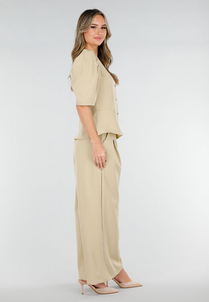 NEW180226 Beige Top met Pofmouwen en Knopen