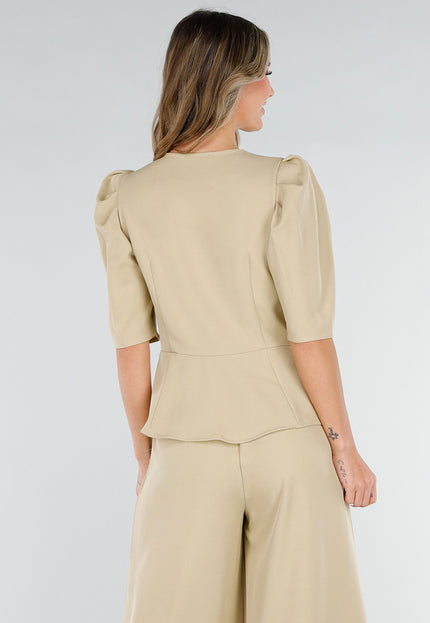 NEW180226 Beige Top met Pofmouwen en Knopen