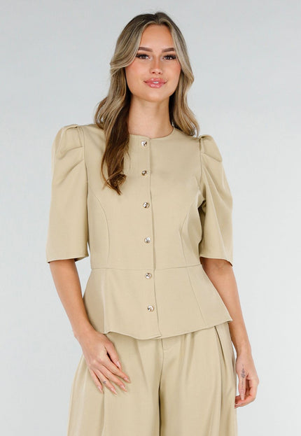 NEW180226 Beige Top met Pofmouwen en Knopen