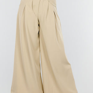 NEW180226 Beige Wide Leg Pantalon met Plooien
