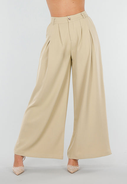NEW180226 Beige Wide Leg Pantalon met Plooien