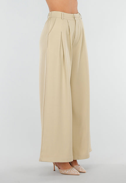 NEW180226 Beige Wide Leg Pantalon met Plooien
