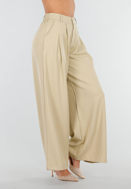 NEW180226 Beige Wide Leg Pantalon met Plooien