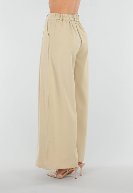 NEW180226 Beige Wide Leg Pantalon met Plooien