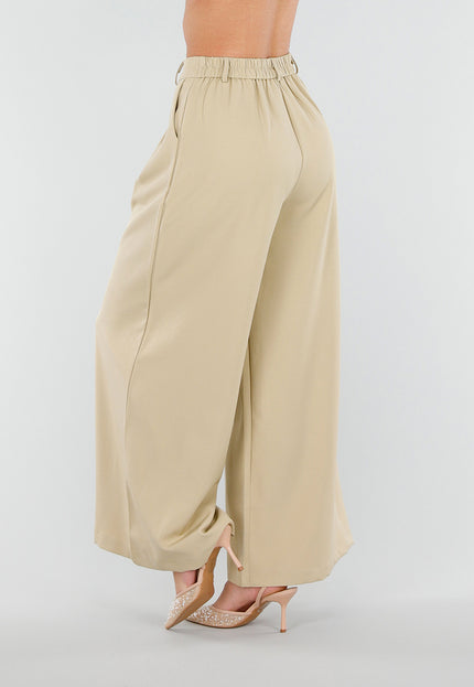 NEW180226 Beige Wide Leg Pantalon met Plooien