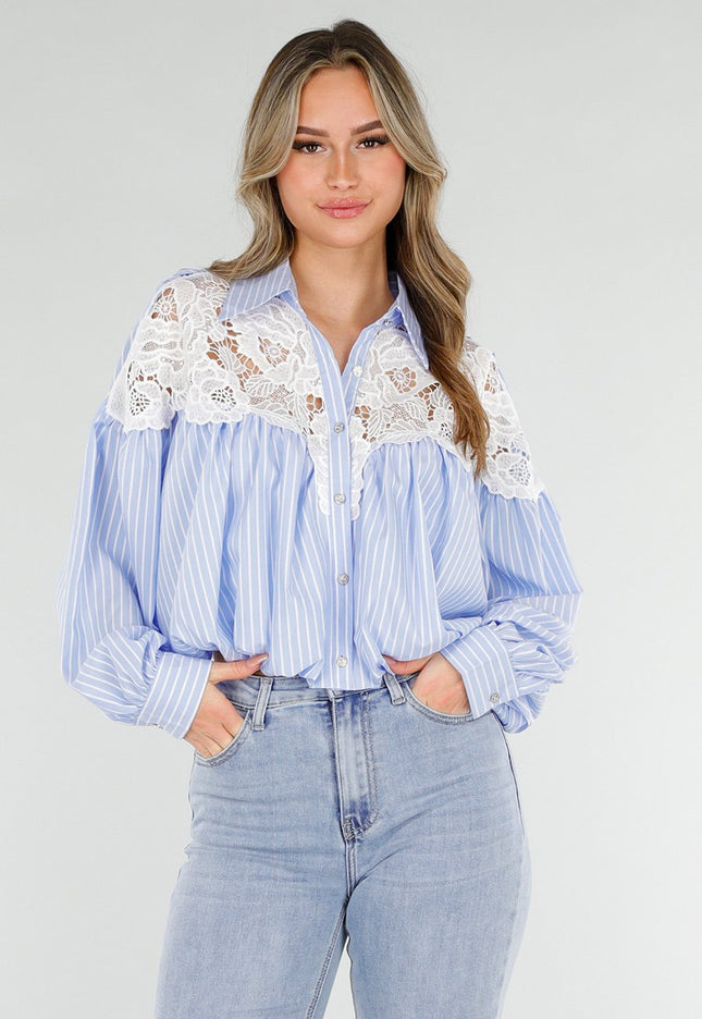 NEW180226 Blauwe Gestreepte Blouse met Kant