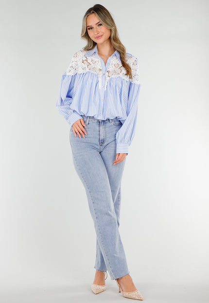 NEW180226 Blauwe Gestreepte Blouse met Kant