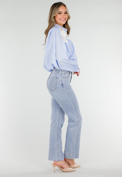 NEW180226 Blauwe Gestreepte Blouse met Kant