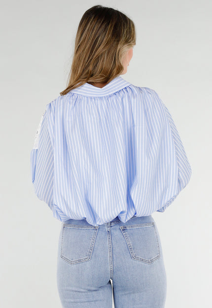 NEW180226 Blauwe Gestreepte Blouse met Kant