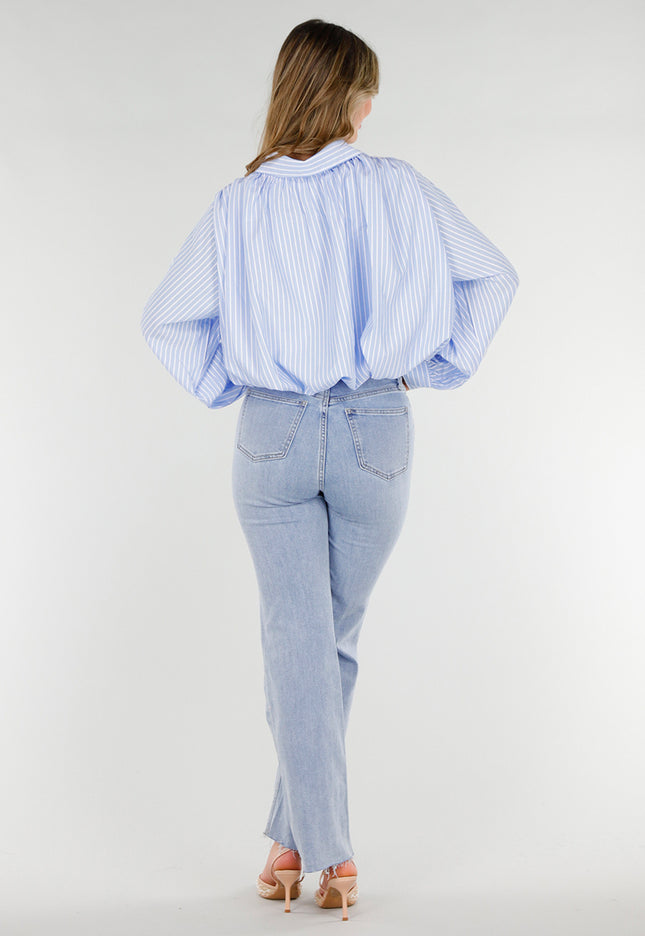 NEW180226 Blauwe Gestreepte Blouse met Kant