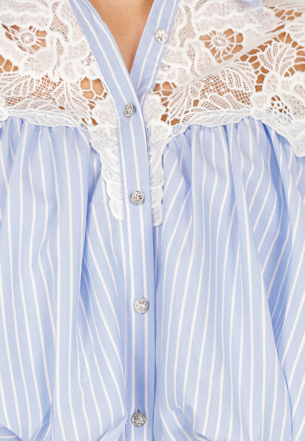 NEW180226 Blauwe Gestreepte Blouse met Kant