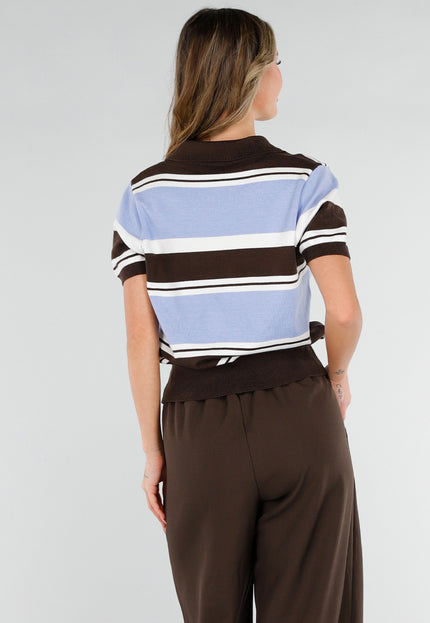 NEW180226 Gestreepte Polo Top in Blauw en Bruin