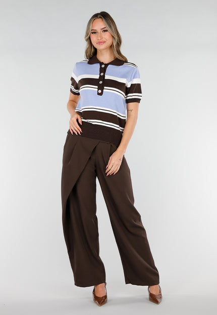 NEW180226 Gestreepte Polo Top in Blauw en Bruin