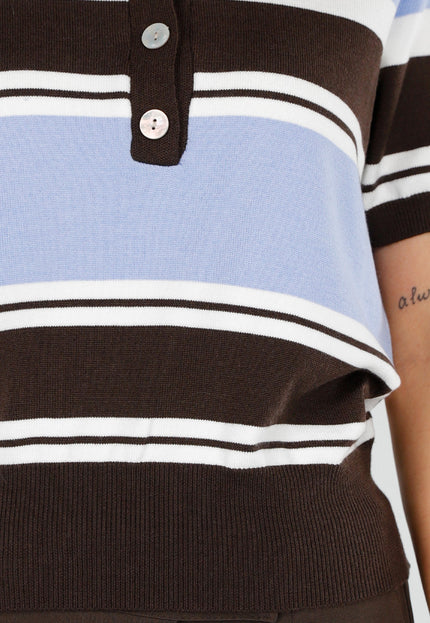 NEW180226 Gestreepte Polo Top in Blauw en Bruin