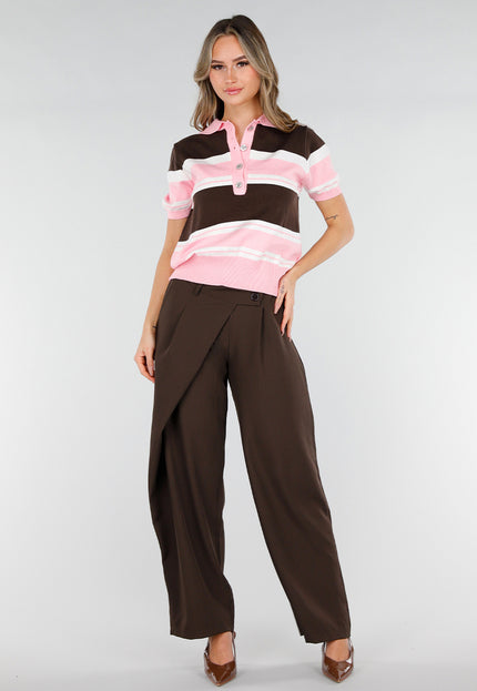 NEW180226 Gestreepte Polo Top in Roze en Bruin