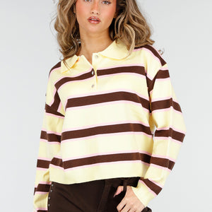 NEW180226 Gestreepte Polo Trui in Geel en Bruin