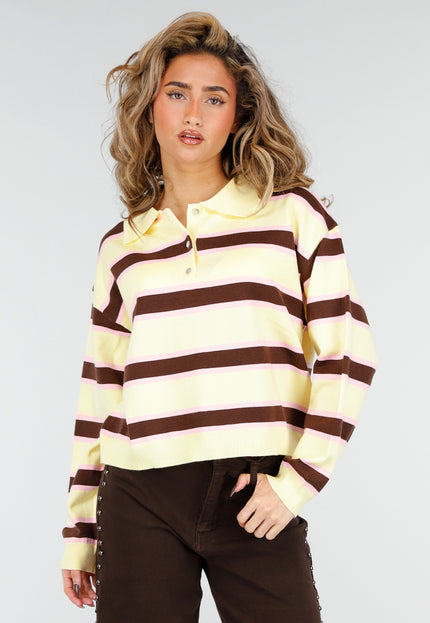 NEW180226 Gestreepte Polo Trui in Geel en Bruin