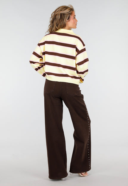 NEW180226 Gestreepte Polo Trui in Geel en Bruin