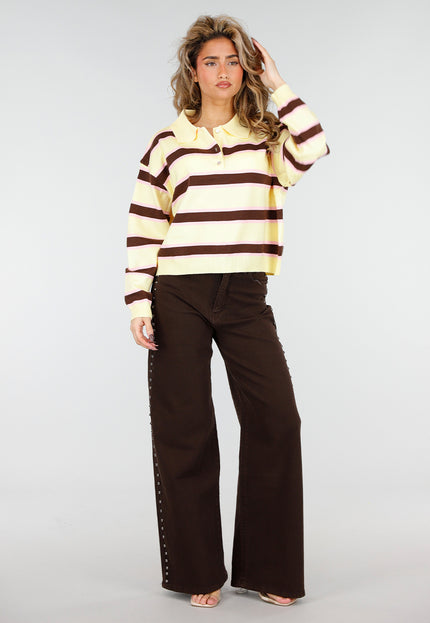 NEW180226 Gestreepte Polo Trui in Geel en Bruin
