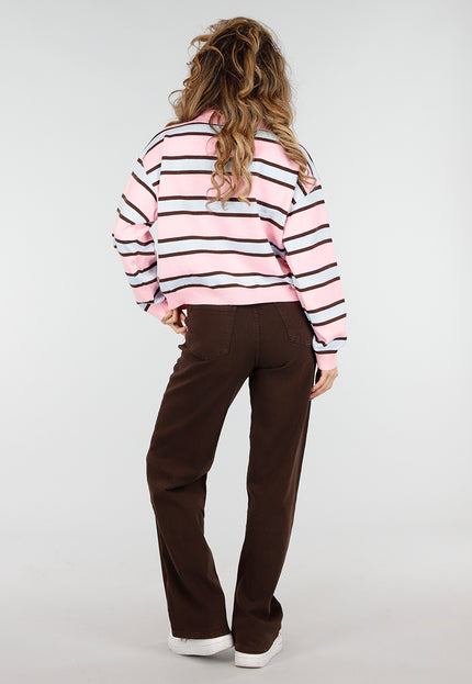 NEW180226 Gestreepte Polo Trui in Roze en Bruin