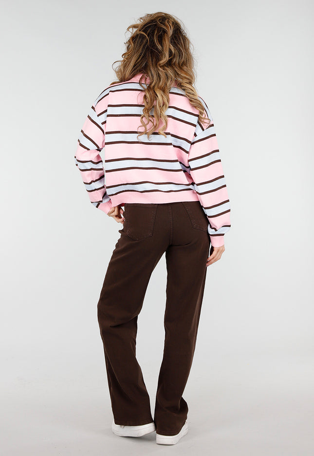 NEW180226 Gestreepte Polo Trui in Roze en Bruin