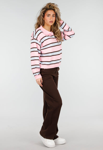 NEW180226 Gestreepte Polo Trui in Roze en Bruin