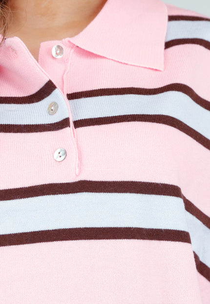 NEW180226 Gestreepte Polo Trui in Roze en Bruin