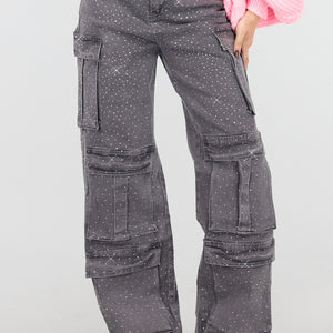 NEW180226 Grijze Cargo Broek met Strass Steentjes